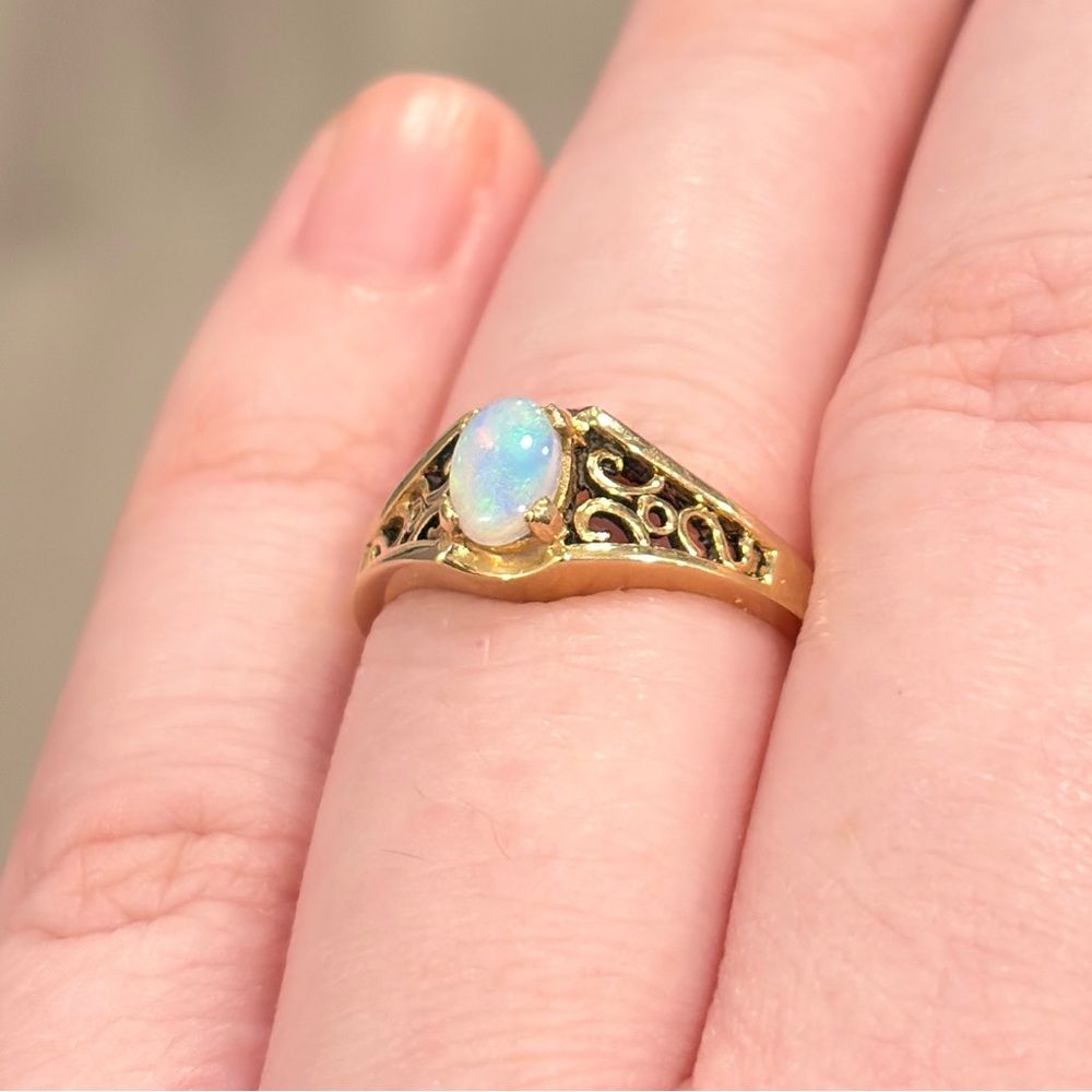 Vintage 14K Gold Opal Ring, Mid Century Filigree, Size 5.5 - Picture 8 of 15
